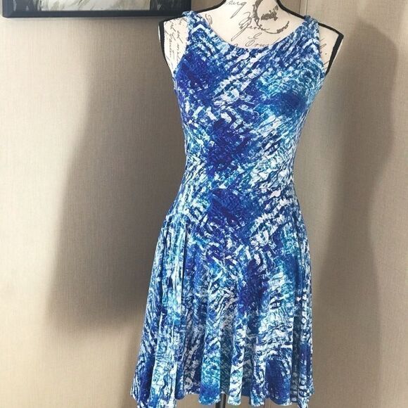 Cynthia Rowley Blue White Print Dress Small Flare - Picture 2 of 14